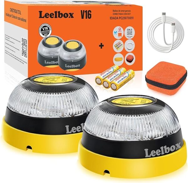 2PCS Beacon V16 Approved DGT with Geolocator, Emergency Light Car Approved DGT 3.0, Maximum National Coverage, Data Included until 2038, Magnetic Base